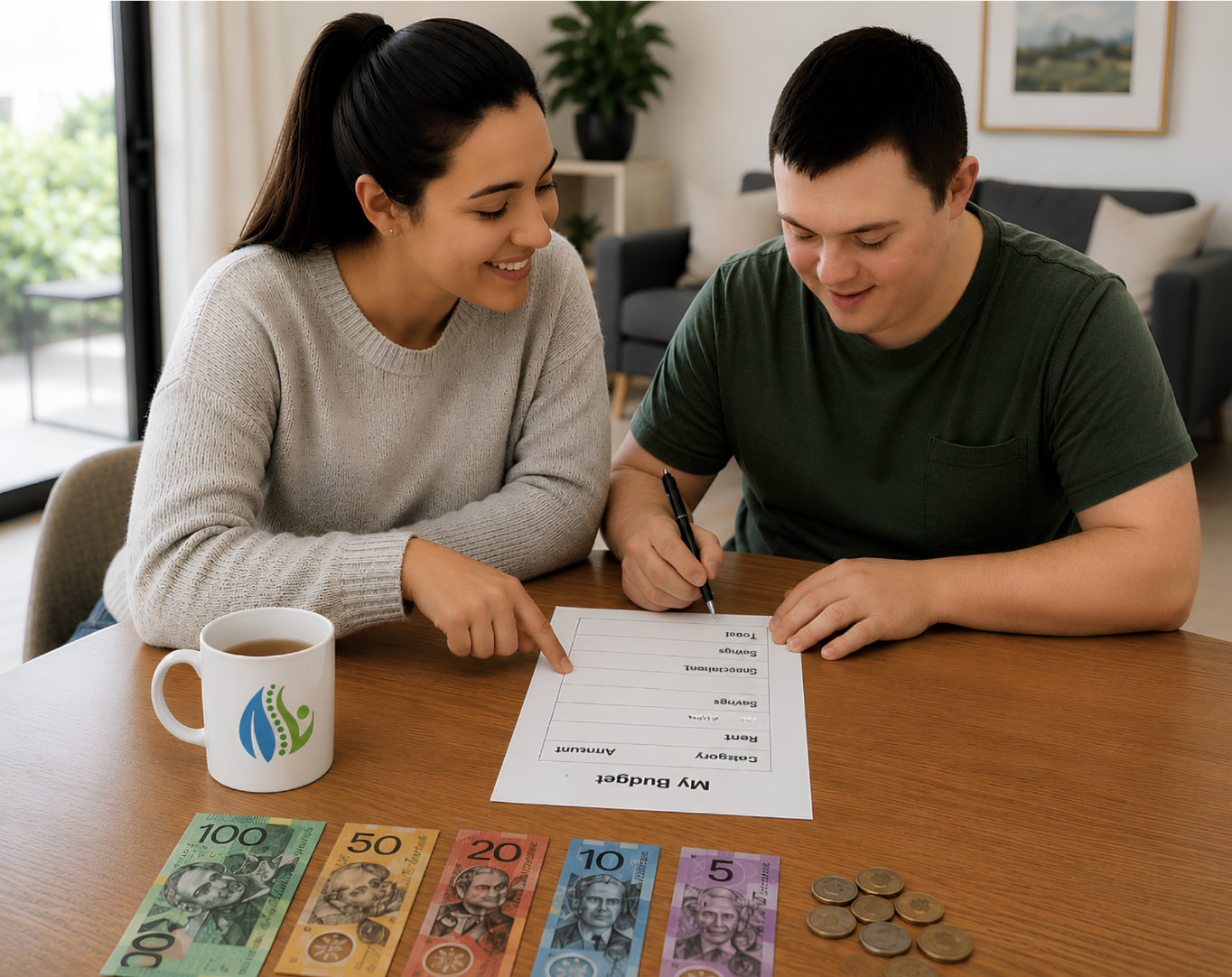 An occupational therapist supporting a client with budgeting and money management skills at home