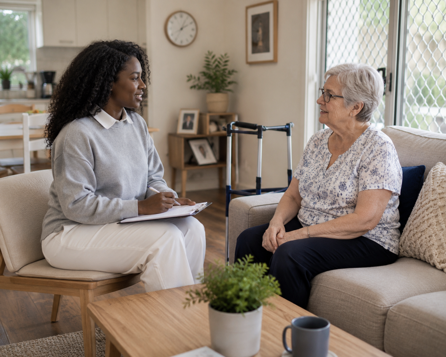 An occupational therapist speaking with a client during an appointment at home